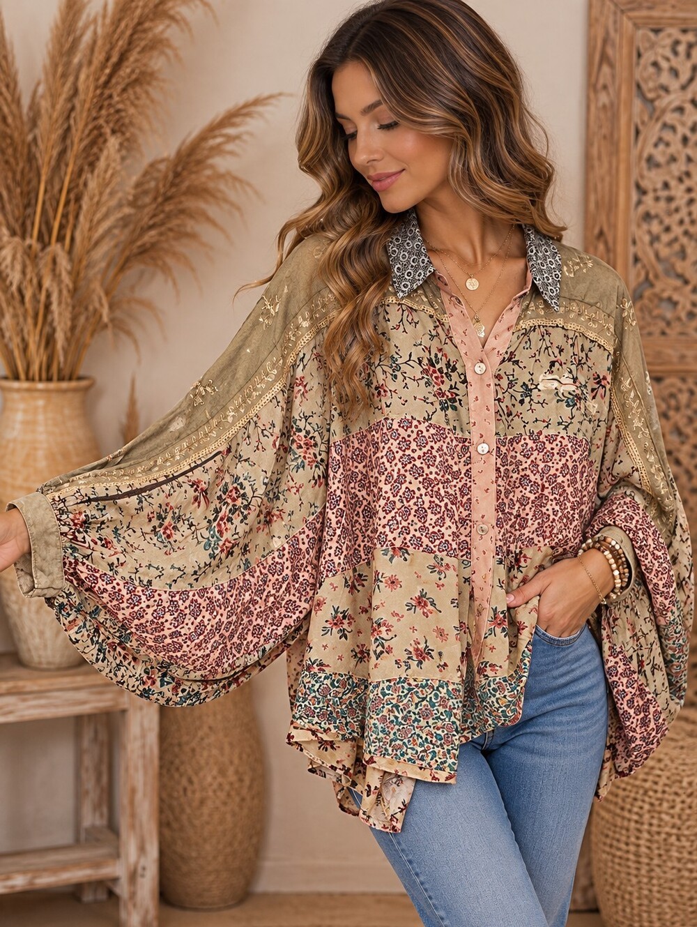 569.Bohemian Patchwork Embroidered Oversized Flowy Button-Front Blouse